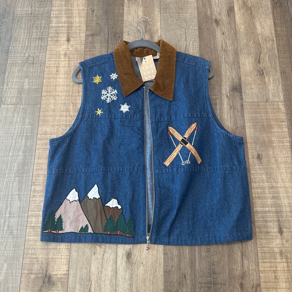 Embroidered Denim Vest Sueded Collar